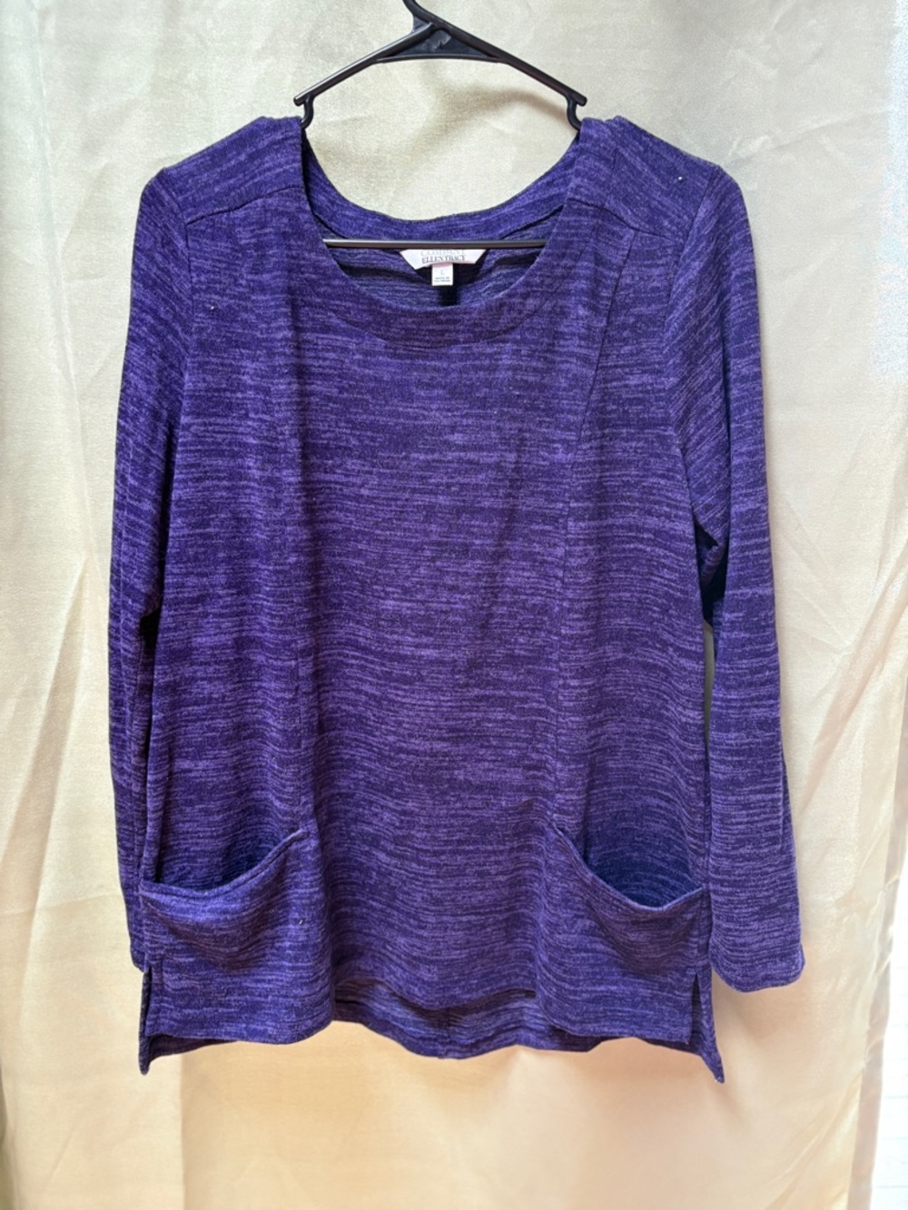 Ellen Tracy Purple Knit Tunic Top Size L Pockets Long Sleeve